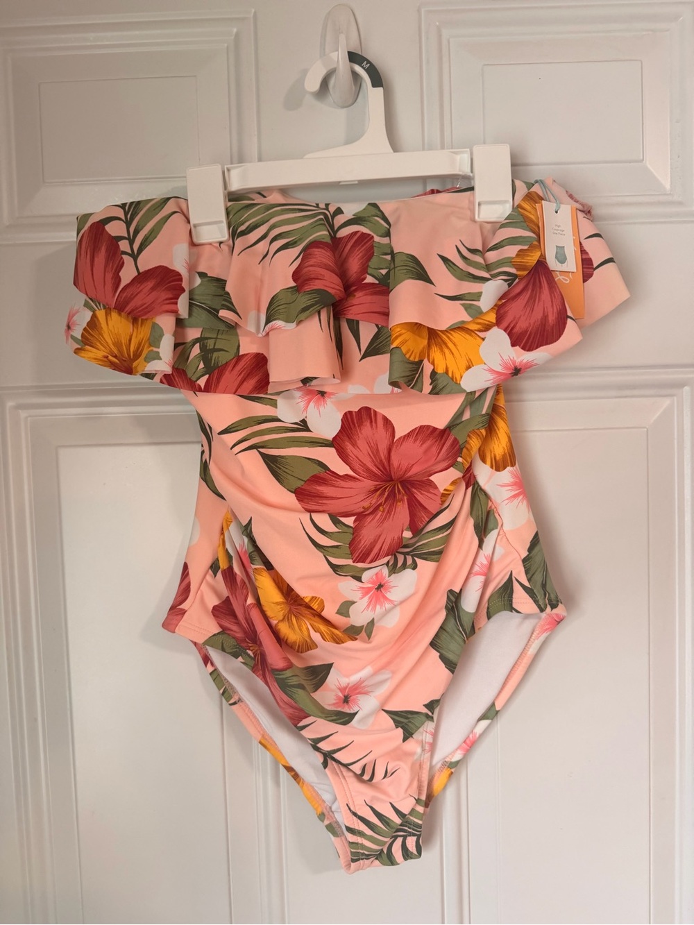 Kona Sol Pink Tropical Floral Off-Shoulder One-Piece Swimsuit